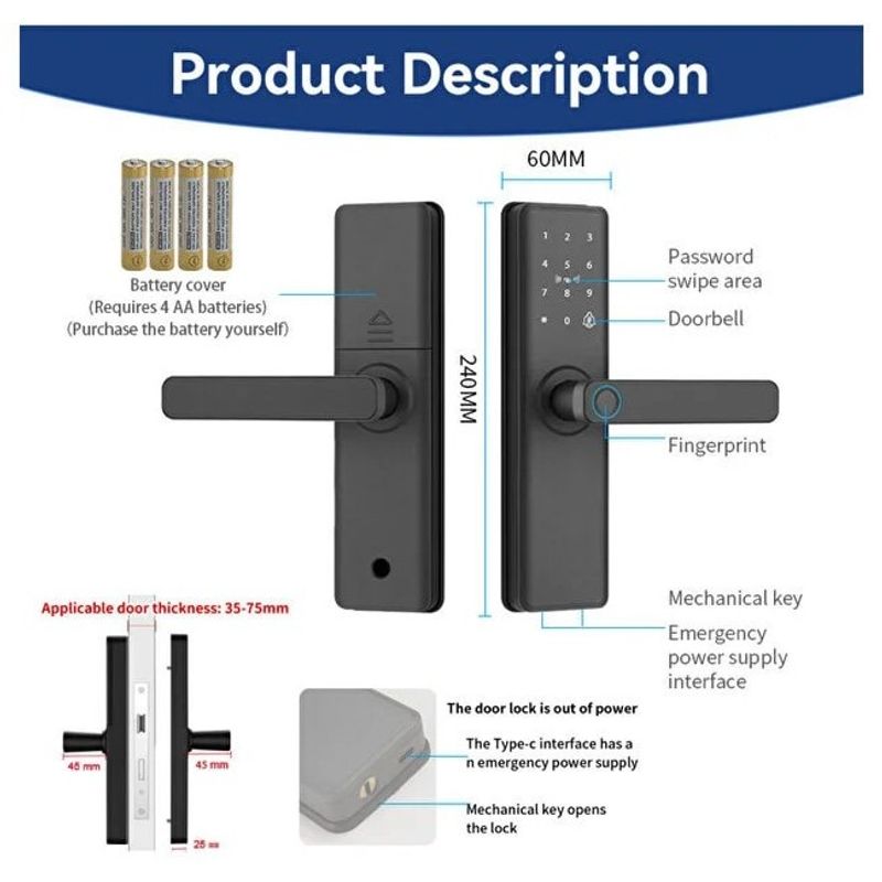 Casa si Gradina - Constructii - Feronerie si accesorii - Broaste si yale - Incuietoare Smart cu, Acces prin Aplicatie, Card si Cod, Stocare in Cloud, Negru - Infinity.ro
