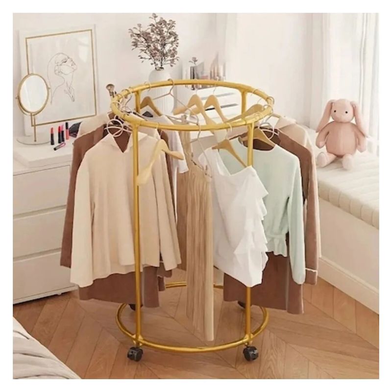 Casa si Gradina - Mobilier - Organizare si depozitare - Umerase si valeti - Suport Rotund pentru Haine din Otel Inoxidabil, 130 cm, cu Roti Pivotante, Capacitate 40 kg, Auriu - Infinity.ro