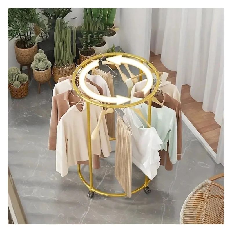 Casa si Gradina - Mobilier - Organizare si depozitare - Umerase si valeti - Suport Rotund pentru Haine din Otel Inoxidabil, 130 cm, cu Roti Pivotante, Capacitate 40 kg, Auriu - Infinity.ro