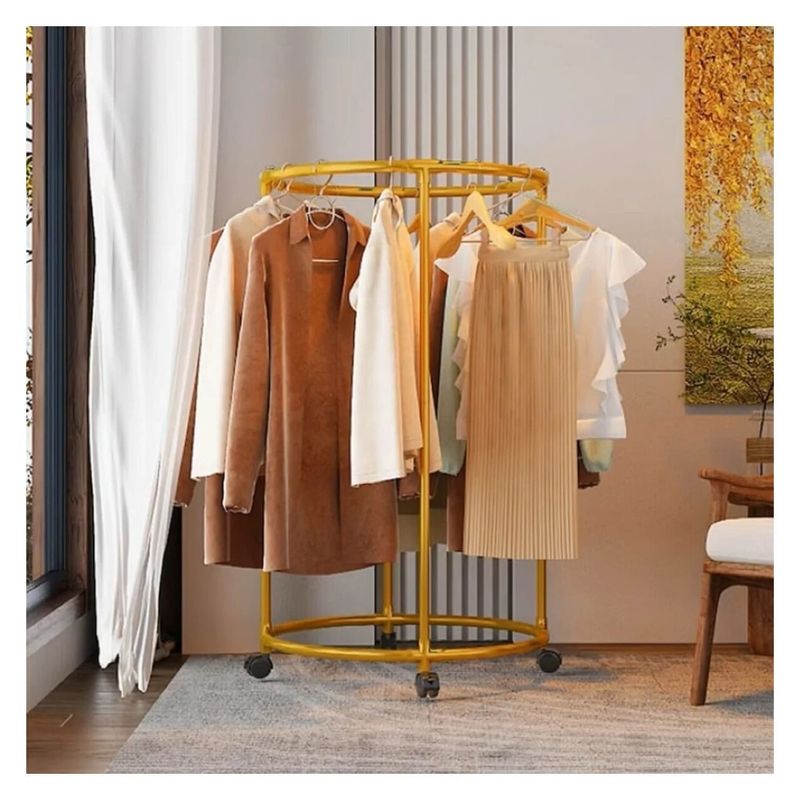 Casa si Gradina - Mobilier - Organizare si depozitare - Umerase si valeti - Suport Rotund pentru Haine din Otel Inoxidabil, 130 cm, cu Roti Pivotante, Capacitate 40 kg, Auriu - Infinity.ro
