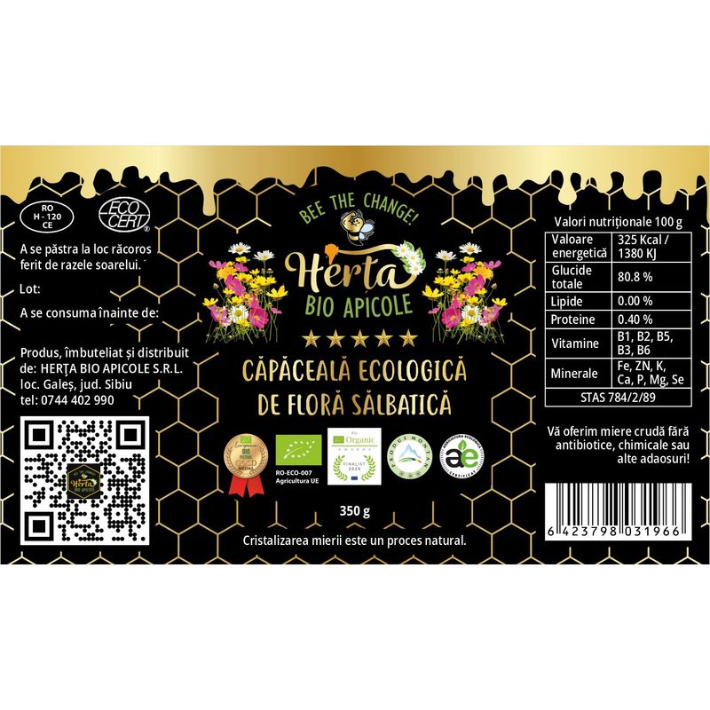 Market - Bacanie - Produse bio - Miere ecologica de flora salbatica cu capaceala 350g - Infinity.ro