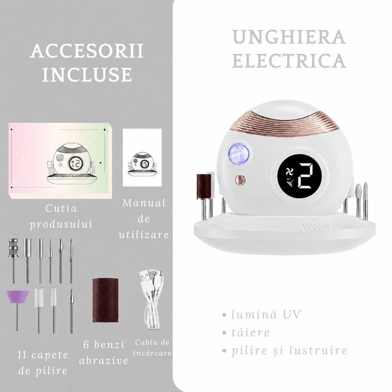 Ingrijire personala si Cosmetice - Manichiura si pedichiura - Unghiere si clesti manichiura & pedichiura - Unghiera Electrica Profesionala, Adsinio,Lampa UV Pentru Unghii,11 Capete de Pilire,6 Benzi Abrazive - Infinity.ro