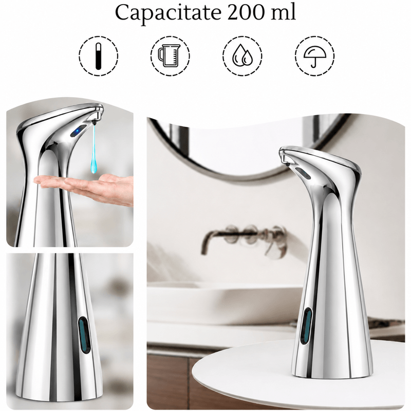 Casa si Gradina - Sanitare - Suporturi si accesorii baie - Dispensere - Dispenser Automat de Sapun Lichid cu Senzor, Adsinio, Capacitate de 200ml, 4 Baterii de 1.5V, IP65, Nichelat - Infinity.ro