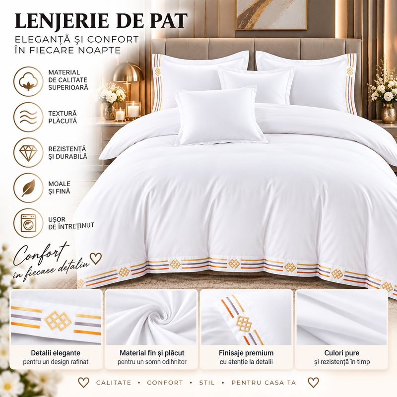 Casa si Gradina - Textile si covoare - Lenjerii de pat - Seturi de lenjerie - Lenjerie de pat premium cu broderie aurie, Bumbac, 6 piese, Culoare Alb - Infinity.ro