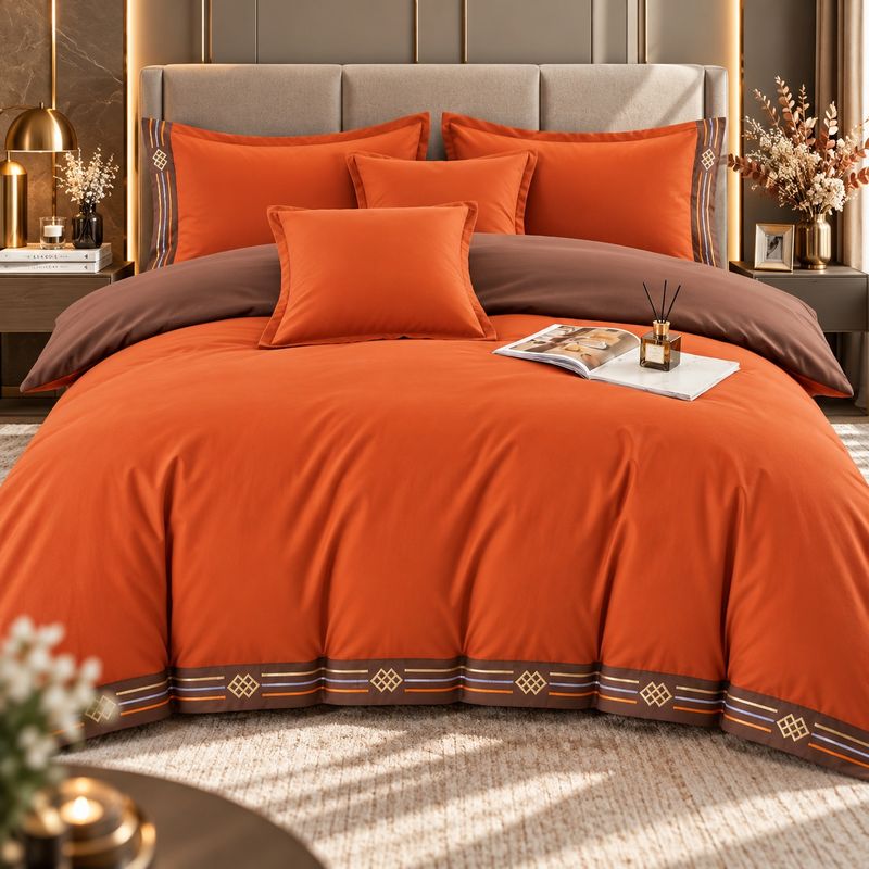 Casa si Gradina - Textile si covoare - Lenjerii de pat - Seturi de lenjerie - Lenjerie de pat premium cu broderie aurie, Bumbac, 6 piese, Culoare Portocaliu - Infinity.ro
