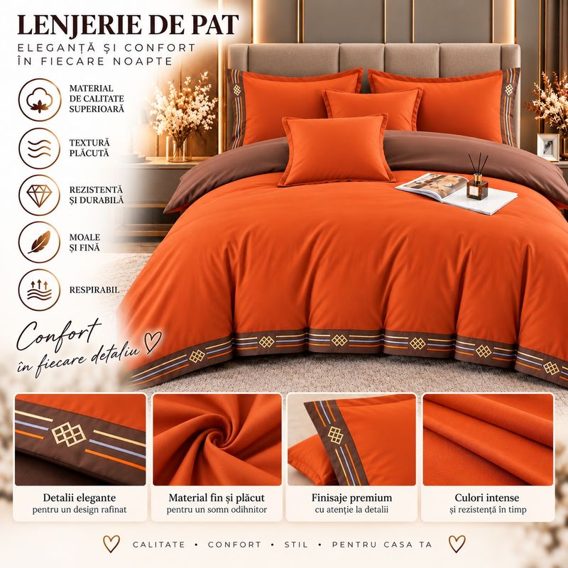 Casa si Gradina - Textile si covoare - Lenjerii de pat - Seturi de lenjerie - Lenjerie de pat premium cu broderie aurie, Bumbac, 6 piese, Culoare Portocaliu - Infinity.ro