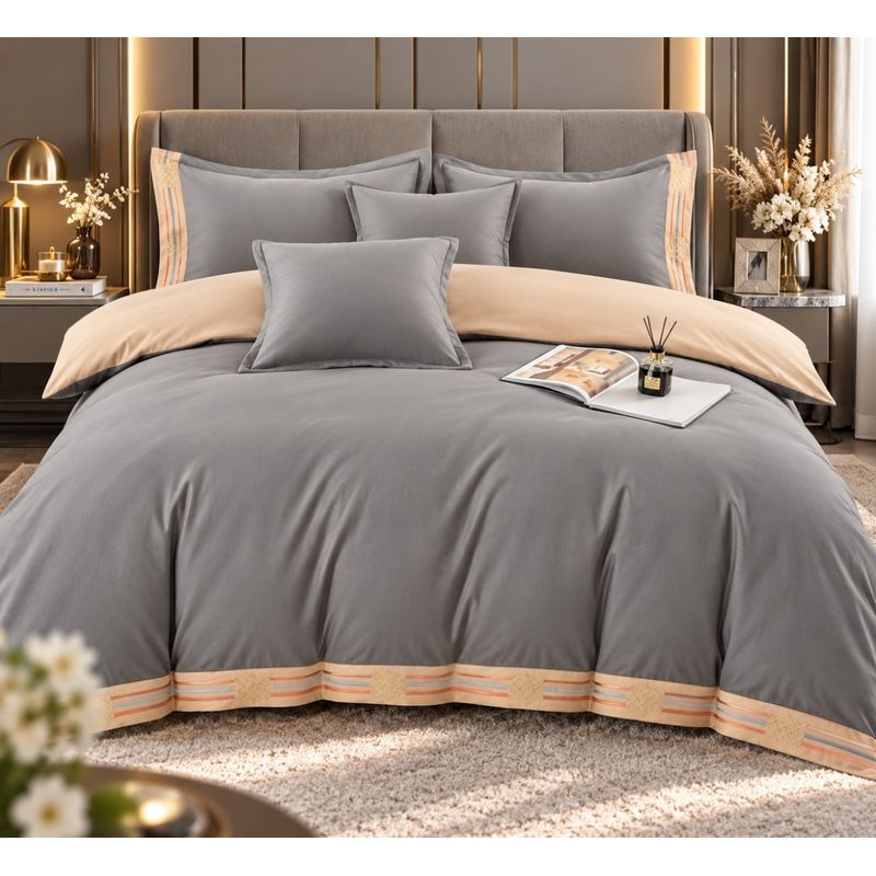 Casa si Gradina - Textile si covoare - Lenjerii de pat - Seturi de lenjerie - Lenjerie de pat premium cu broderie aurie, Bumbac, 6 piese, Culoare Gri deschis - Infinity.ro