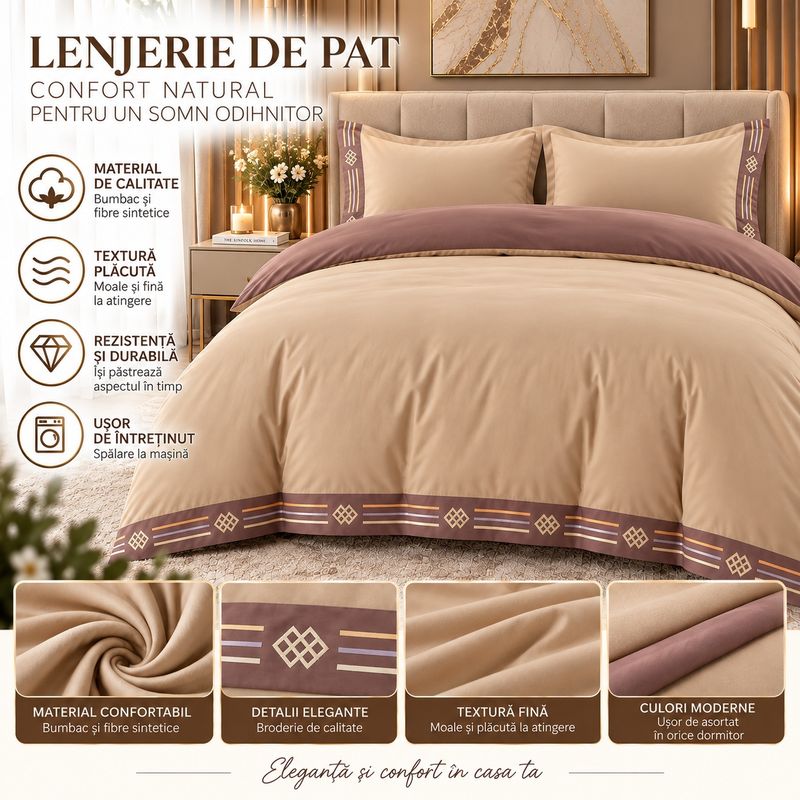 Casa si Gradina - Textile si covoare - Lenjerii de pat - Seturi de lenjerie - Lenjerie de pat premium cu broderie aurie, Bumbac, 6 piese, Culoare Bej - Infinity.ro