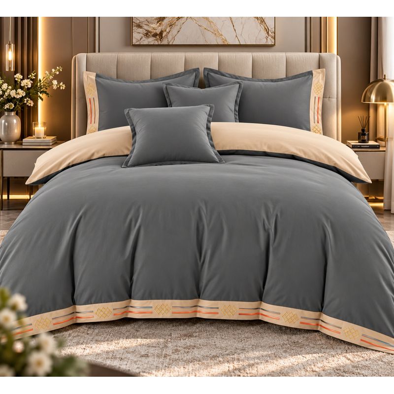 Casa si Gradina - Textile si covoare - Lenjerii de pat - Seturi de lenjerie - Lenjerie de pat premium cu broderie aurie, Bumbac, 6 piese, Culoare Gri inchis - Infinity.ro