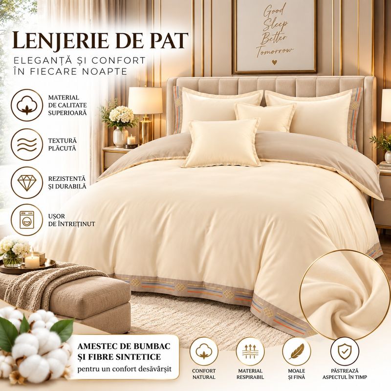 Casa si Gradina - Textile si covoare - Lenjerii de pat - Seturi de lenjerie - Lenjerie de pat premium cu broderie aurie, Bumbac, 6 piese, Culoare Crem - Infinity.ro