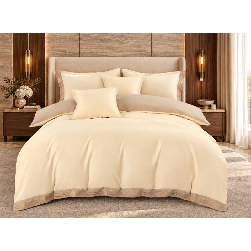 Casa si Gradina - Textile si covoare - Lenjerii de pat - Seturi de lenjerie - Lenjerie de pat premium cu broderie aurie, Bumbac, 6 piese, Culoare Crem - Infinity.ro