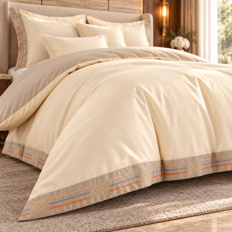 Casa si Gradina - Textile si covoare - Lenjerii de pat - Seturi de lenjerie - Lenjerie de pat premium cu broderie aurie, Bumbac, 6 piese, Culoare Crem - Infinity.ro