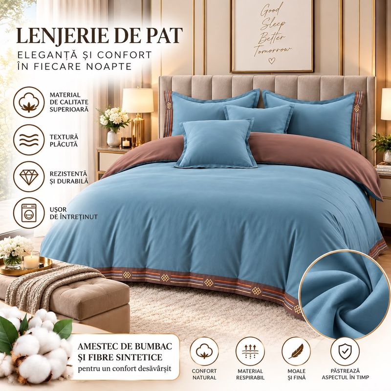 Casa si Gradina - Textile si covoare - Lenjerii de pat - Seturi de lenjerie - Lenjerie de pat premium cu broderie aurie, Bumbac, 6 piese, Culoare Albastru - Infinity.ro