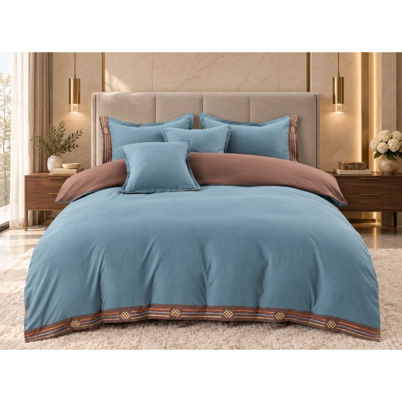 Casa si Gradina - Textile si covoare - Lenjerii de pat - Seturi de lenjerie - Lenjerie de pat premium cu broderie aurie, Bumbac, 6 piese, Culoare Albastru - Infinity.ro