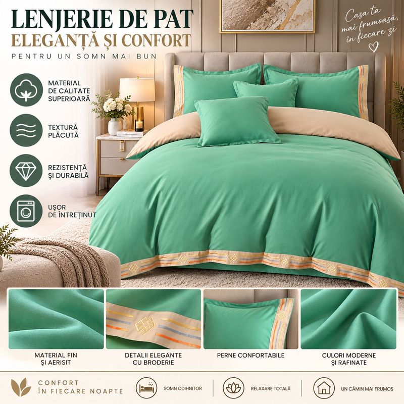 Casa si Gradina - Textile si covoare - Lenjerii de pat - Seturi de lenjerie - Lenjerie de pat premium cu broderie aurie, Bumbac, 6 piese, Culoare Verde menta - Infinity.ro