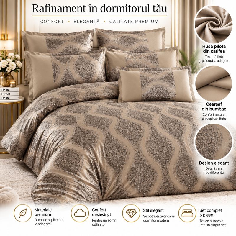 Casa si Gradina - Textile si covoare - Lenjerii de pat - Seturi de lenjerie - Lenjerie de pat premium din catifea pentru pat dublu, 6 Piese, Model Elegant Cappuccino - Infinity.ro