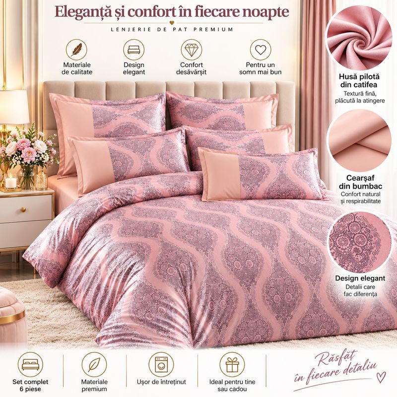 Casa si Gradina - Textile si covoare - Lenjerii de pat - Seturi de lenjerie - Lenjerie de pat premium din catifea pentru pat dublu, 6 Piese, Model Elegant Roz Pudrat - Infinity.ro