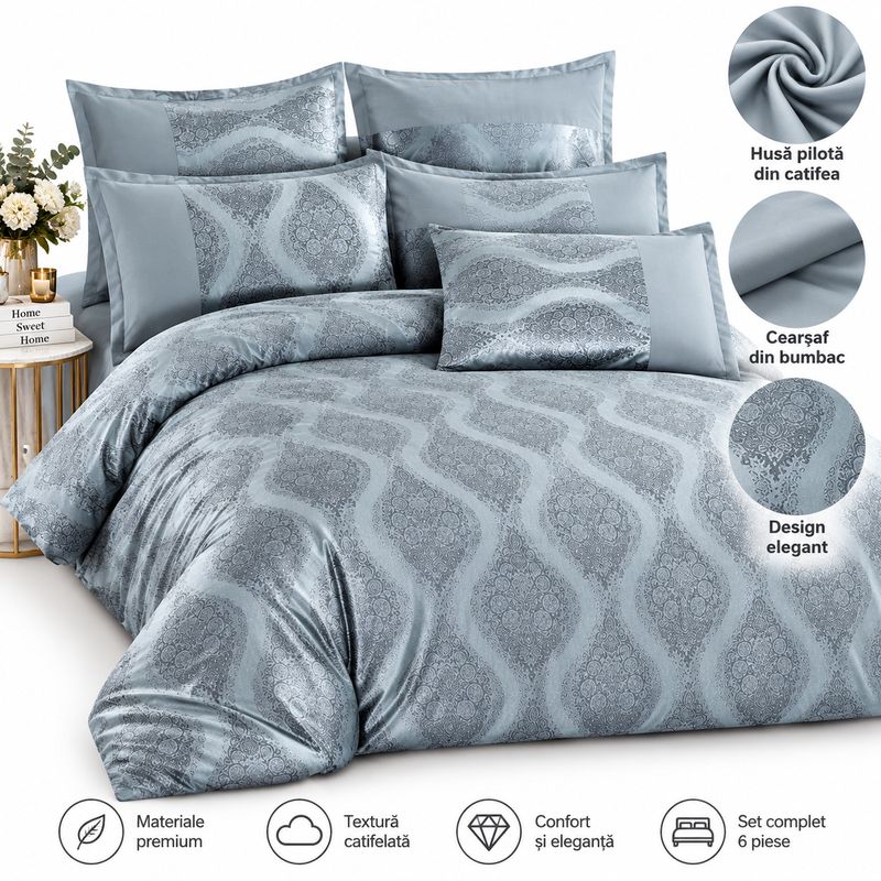 Casa si Gradina - Textile si covoare - Lenjerii de pat - Seturi de lenjerie - Lenjerie de pat premium din catifea pentru pat dublu, 6 Piese, Model Elegant Gri Argintiu - Infinity.ro