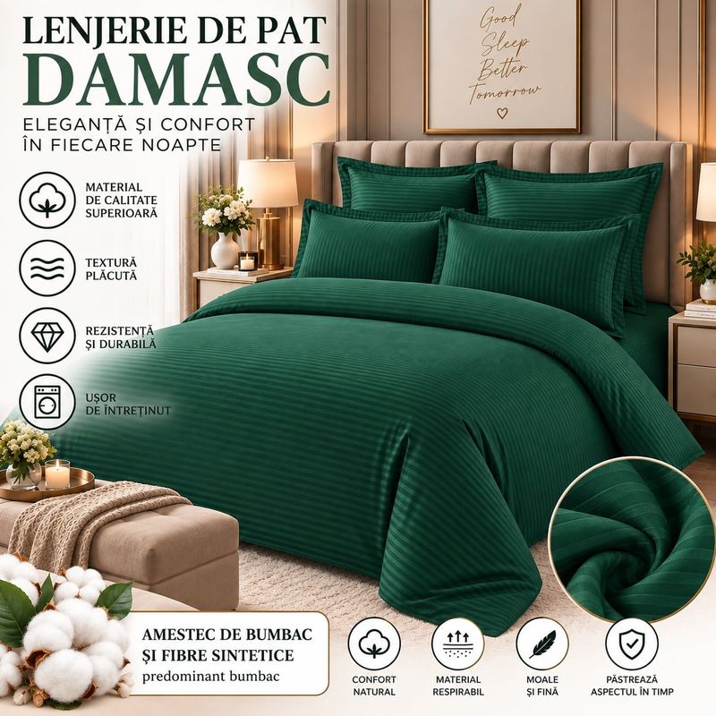 Casa si Gradina - Textile si covoare - Lenjerii de pat - Seturi de lenjerie - Lenjerie de pat Damasc Premium Uni, 6 piese, 2 persoane, Culoare Verde - Infinity.ro