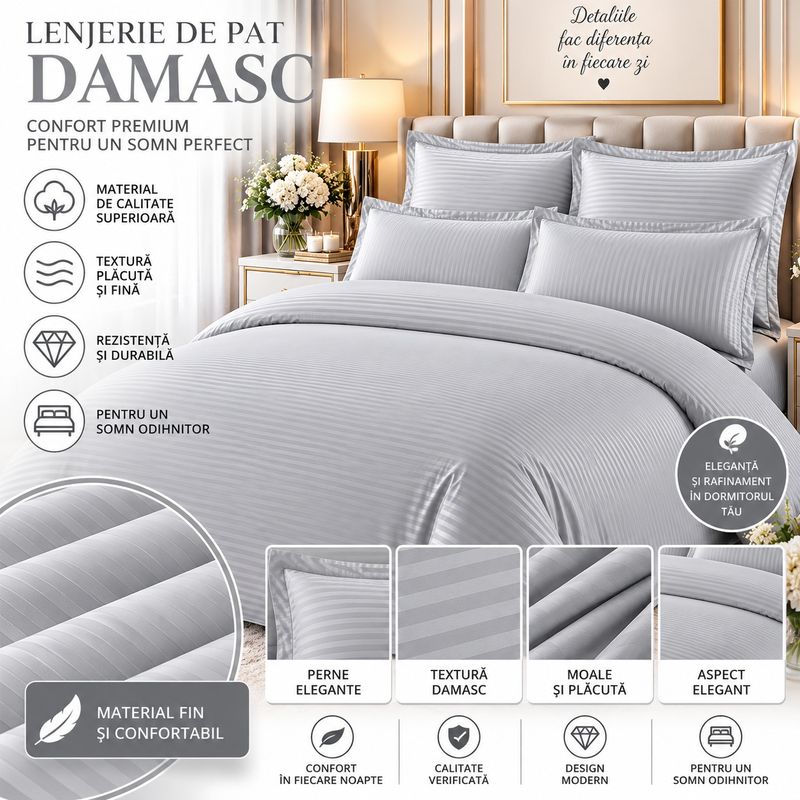 Casa si Gradina - Textile si covoare - Lenjerii de pat - Seturi de lenjerie - Lenjerie de pat Damasc Premium Uni, 6 piese, 2 persoane, Culoare Gri/Argintiu - Infinity.ro