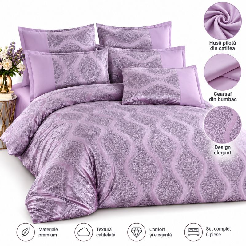 Casa si Gradina - Textile si covoare - Lenjerii de pat - Seturi de lenjerie - Lenjerie de pat premium din catifea pentru pat dublu, 6 Piese, Model Elegant Lila - Infinity.ro