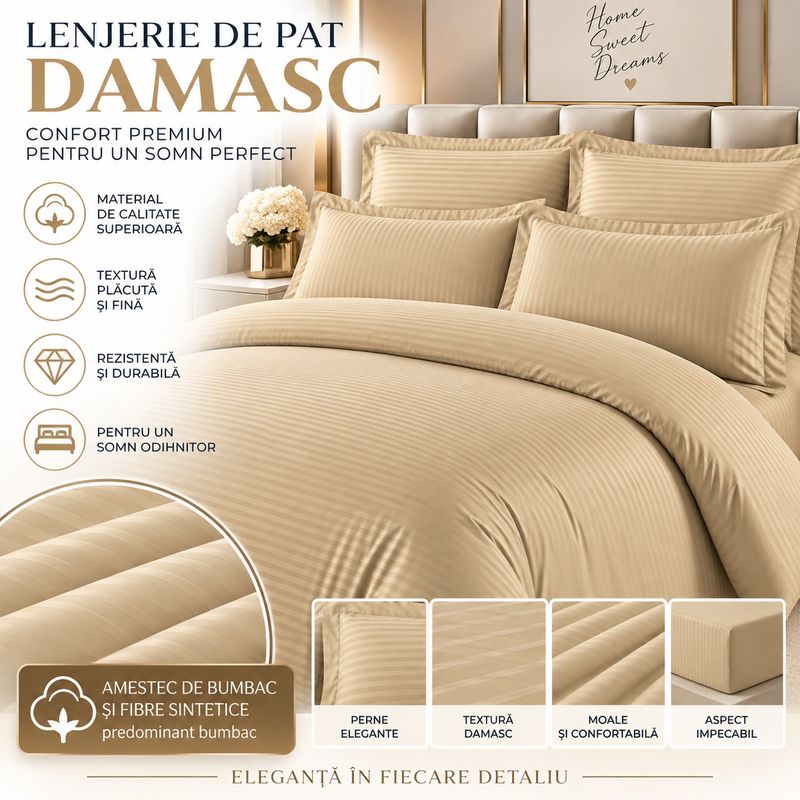 Casa si Gradina - Textile si covoare - Lenjerii de pat - Seturi de lenjerie - Lenjerie de pat Damasc Premium Uni, 6 piese, 2 persoane, Culoare Bej auriu deschis / sampanie - Infinity.ro