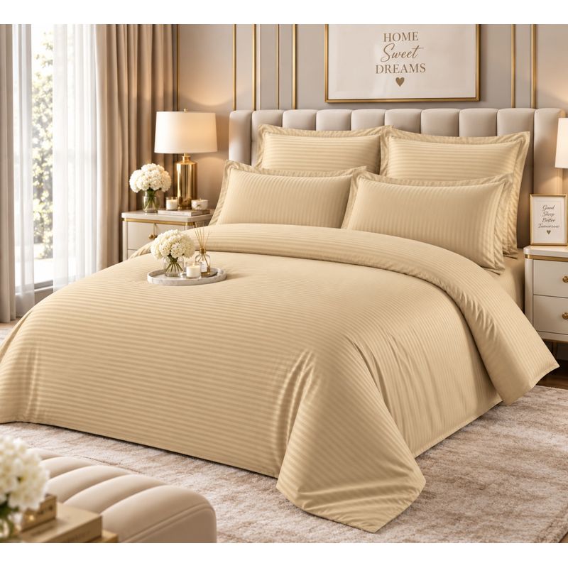 Casa si Gradina - Textile si covoare - Lenjerii de pat - Seturi de lenjerie - Lenjerie de pat Damasc Premium Uni, 6 piese, 2 persoane, Culoare Bej auriu deschis / sampanie - Infinity.ro
