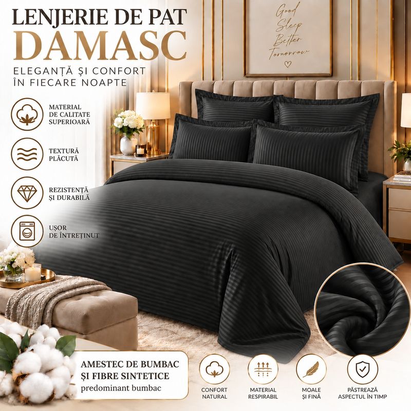 Casa si Gradina - Textile si covoare - Lenjerii de pat - Seturi de lenjerie - Lenjerie de pat Damasc Premium Uni, 6 piese, 2 persoane, Culoare Negru - Infinity.ro