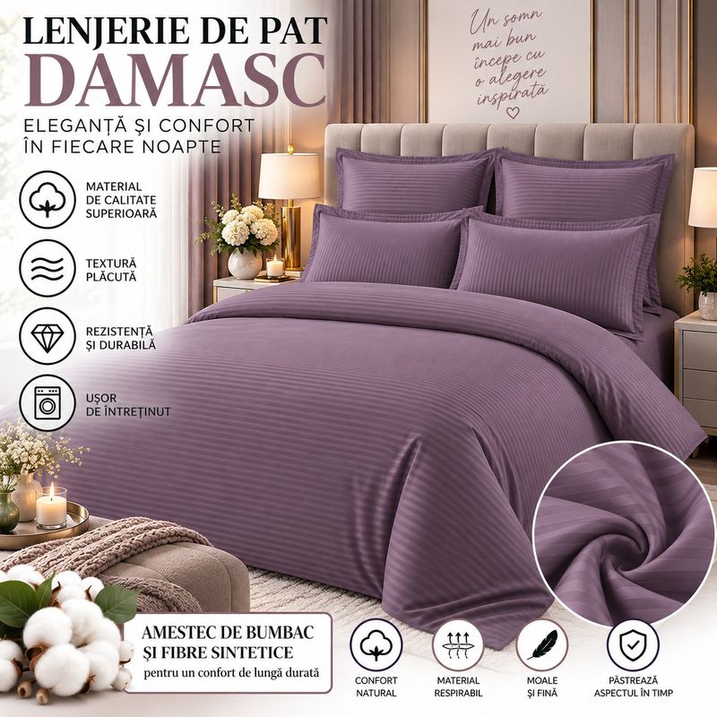 Casa si Gradina - Textile si covoare - Lenjerii de pat - Seturi de lenjerie - Lenjerie de pat Damasc Premium Uni, 6 piese, 2 persoane, Culoare Mov - Infinity.ro