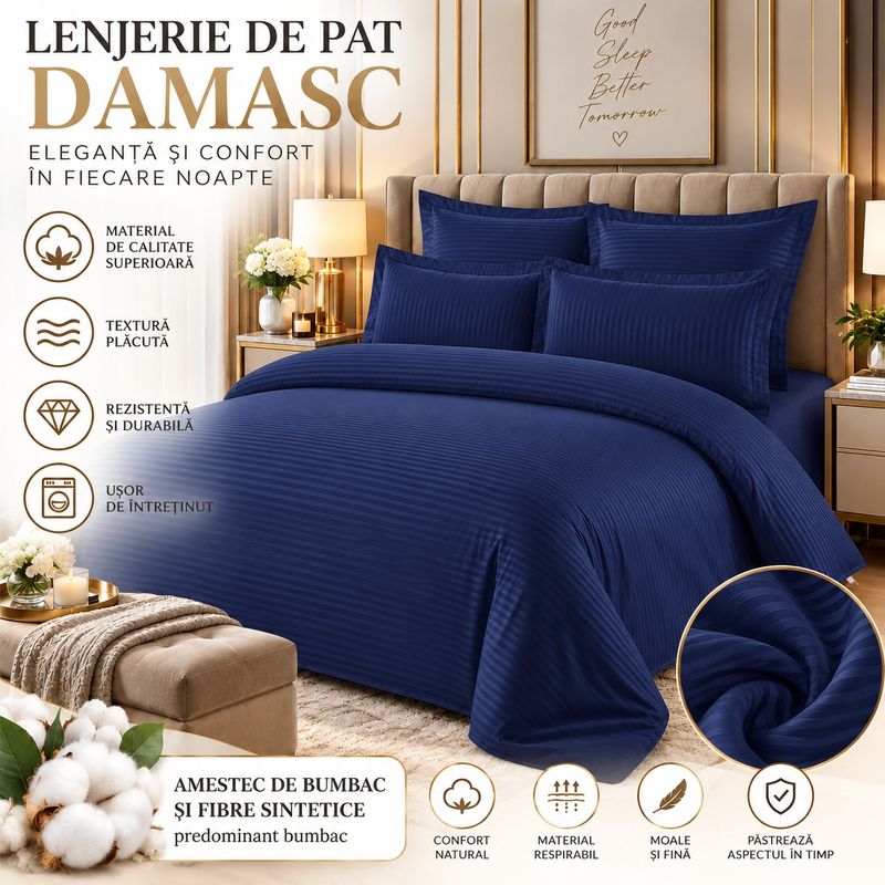 Casa si Gradina - Textile si covoare - Lenjerii de pat - Seturi de lenjerie - Lenjerie de pat Damasc Premium Uni, 6 piese, 2 persoane, Culoare Bleumarin - Infinity.ro