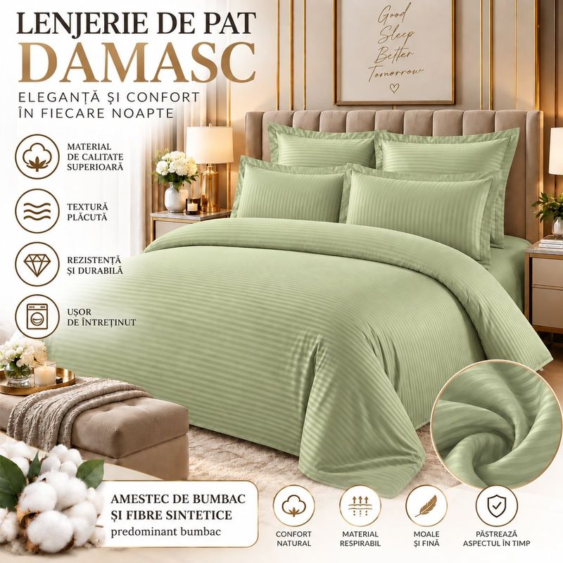 Casa si Gradina - Textile si covoare - Lenjerii de pat - Seturi de lenjerie - Lenjerie de pat Damasc Premium Uni, 6 piese, 2 persoane, Culoare Verde fistic - Infinity.ro