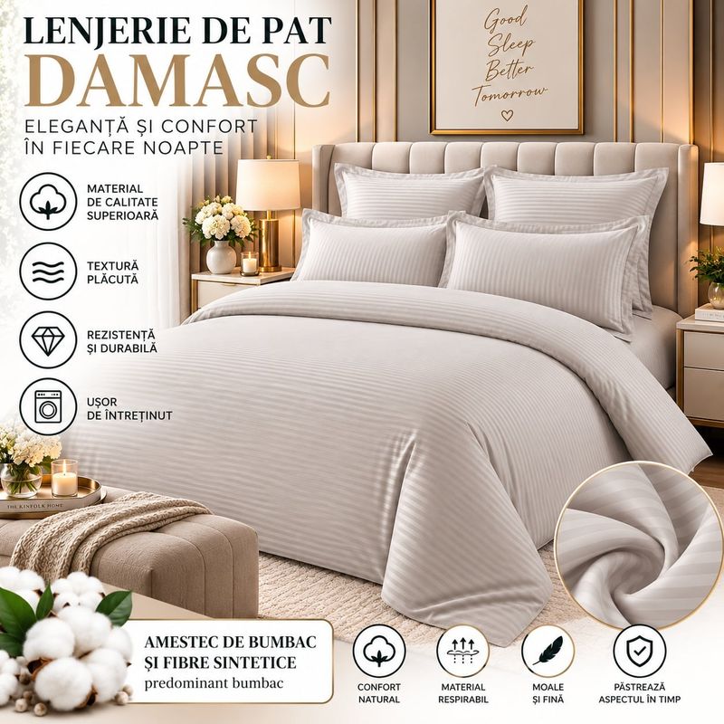 Casa si Gradina - Textile si covoare - Lenjerii de pat - Seturi de lenjerie - Lenjerie de pat Damasc Premium Uni, 6 piese, 2 persoane, Culoare Gri descris - Infinity.ro