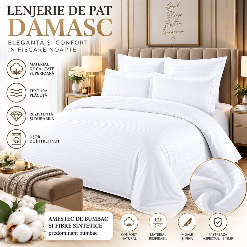 Casa si Gradina - Textile si covoare - Lenjerii de pat - Seturi de lenjerie - Lenjerie de pat Damasc Premium Uni, 6 piese, 2 persoane, Culoare Alb - Infinity.ro