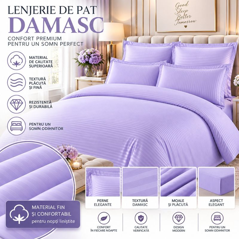 Casa si Gradina - Textile si covoare - Lenjerii de pat - Seturi de lenjerie - Lenjerie de pat Damasc Premium Uni, 6 piese, 2 persoane, ,Culoare Lila - Infinity.ro