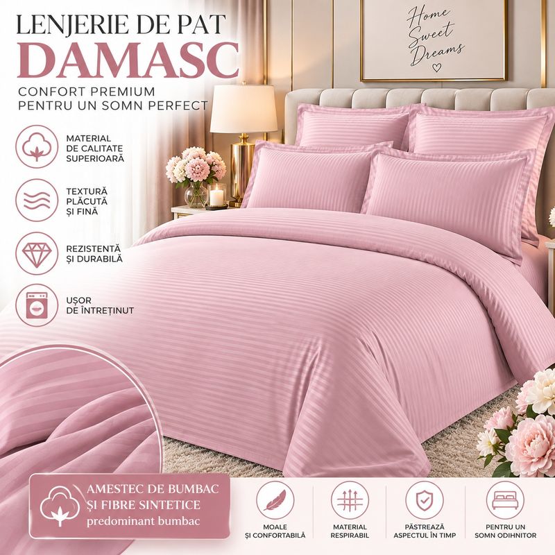 Casa si Gradina - Textile si covoare - Lenjerii de pat - Seturi de lenjerie - Lenjerie de pat Damasc Premium Uni, 6 piese, 2 persoane, Culoare Roz pudrat - Infinity.ro