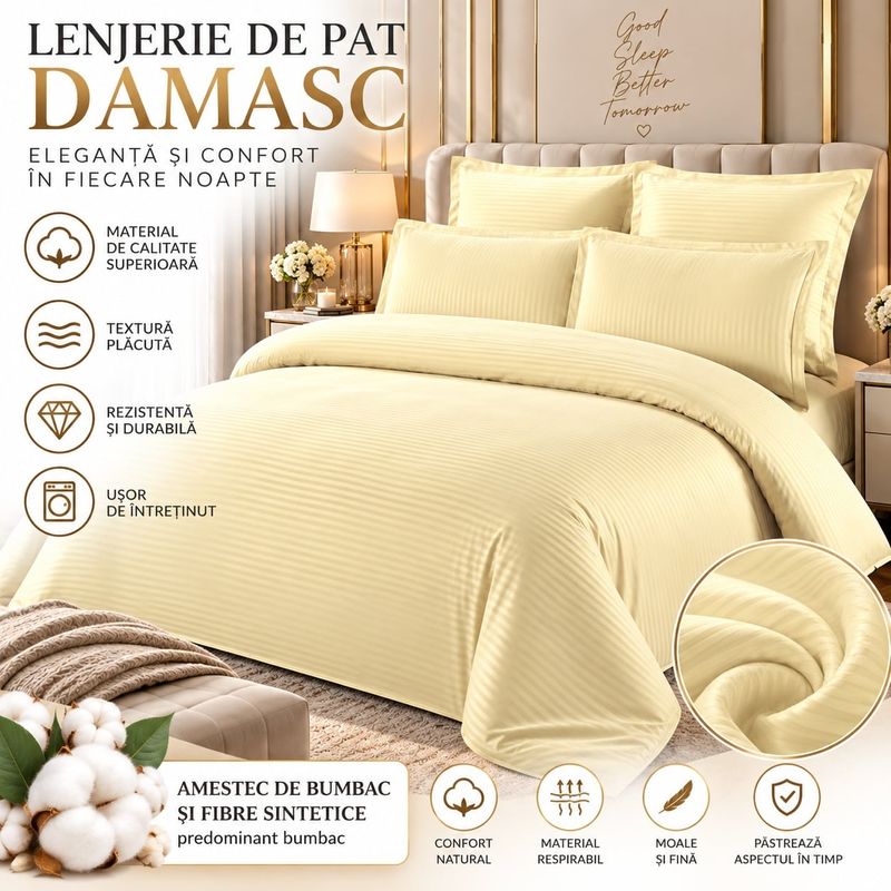Casa si Gradina - Textile si covoare - Lenjerii de pat - Seturi de lenjerie - Lenjerie de pat Damasc Premium Uni, 6 piese, 2 persoane, Culoare Crem deschis / Ivory - Infinity.ro