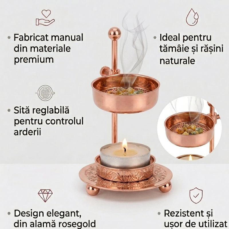 Casa si Gradina - Decoratiuni - Aromaterapie si lumanari - Difuzoare aromaterapie - Arzator aromaterapie din alama rosegold, cu sita, reglabil pe inaltime, pentru tamaie, plante aromatice si rasini - Infinity.ro