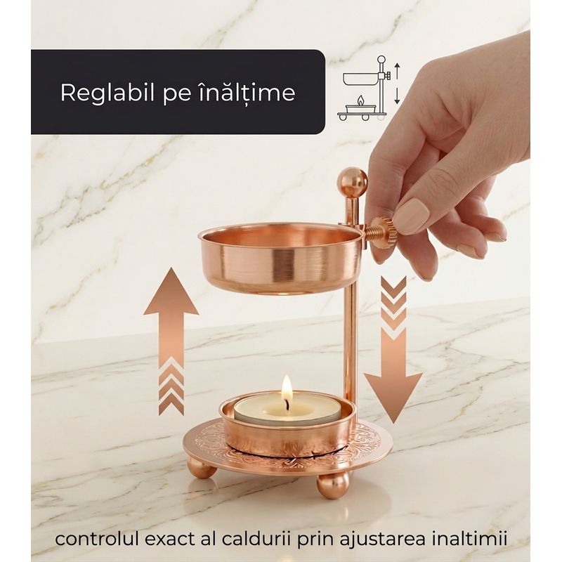 Casa si Gradina - Decoratiuni - Aromaterapie si lumanari - Difuzoare aromaterapie - Arzator aromaterapie din alama rosegold, cu sita, reglabil pe inaltime, pentru tamaie, plante aromatice si rasini - Infinity.ro