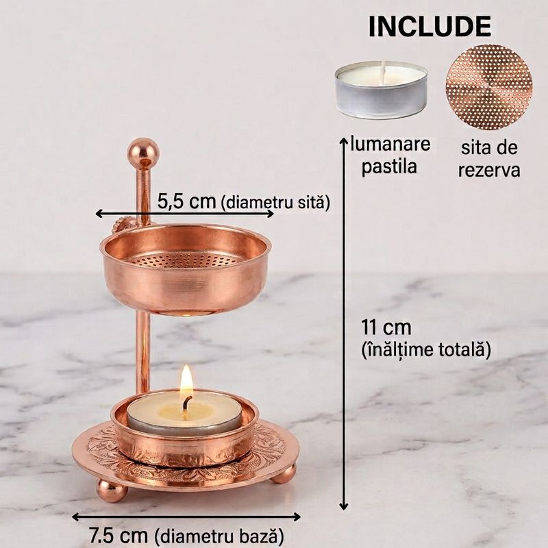 Casa si Gradina - Decoratiuni - Aromaterapie si lumanari - Difuzoare aromaterapie - Arzator aromaterapie din alama rosegold, cu sita, reglabil pe inaltime, pentru tamaie, plante aromatice si rasini - Infinity.ro