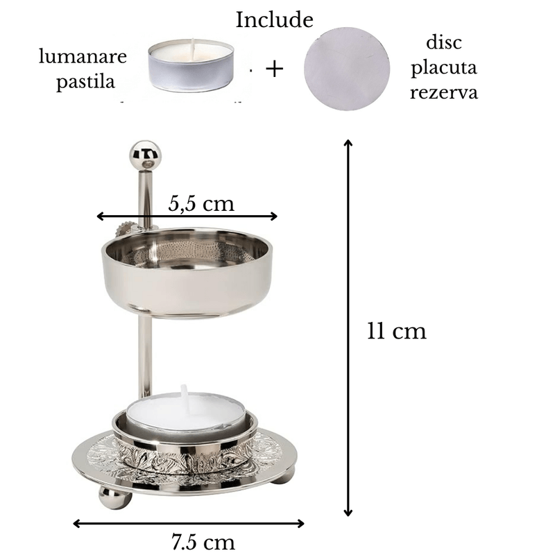 Casa si Gradina - Decoratiuni - Aromaterapie si lumanari - Difuzoare aromaterapie - Arzator aromaterapie din alama nichelata, cu sita, reglabil pe inaltime, pentru tamaie, plante aromatice si rasini - Infinity.ro