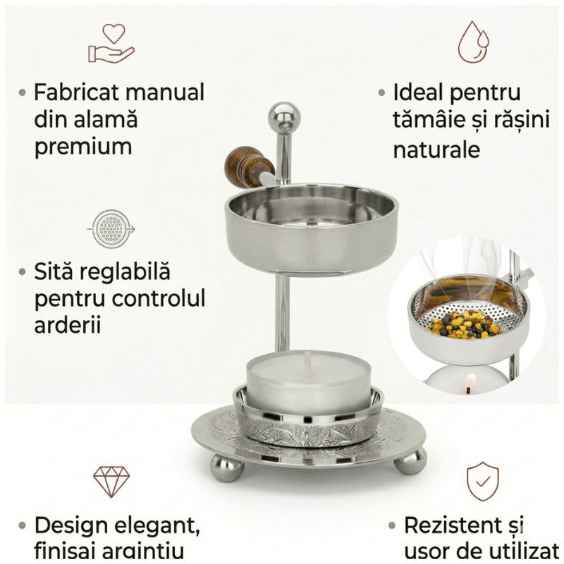 Casa si Gradina - Decoratiuni - Aromaterapie si lumanari - Difuzoare aromaterapie - Arzator aromaterapie pentru plante aromatice si rasini, alama, sita reglabila, argintiu - Infinity.ro