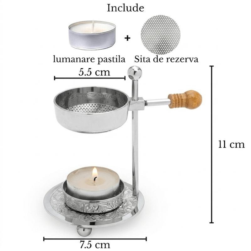 Casa si Gradina - Decoratiuni - Aromaterapie si lumanari - Difuzoare aromaterapie - Arzator aromaterapie pentru plante aromatice si rasini, alama, sita reglabila, argintiu - Infinity.ro