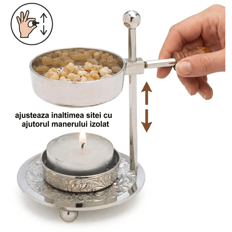 Casa si Gradina - Decoratiuni - Aromaterapie si lumanari - Difuzoare aromaterapie - Arzator aromaterapie pentru plante aromatice si rasini, alama, sita reglabila, argintiu - Infinity.ro