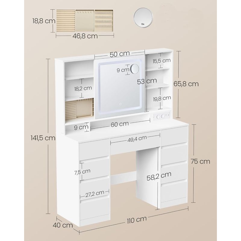 Casa si Gradina - Mobilier - Comode si corpuri - Masute de toaleta - Masa de toaleta Kailyn cu oglinda LED, 9 sertare, MDF, priza incorporata, oglinda zoom detasabila, 110x40x142 cm, alb - Infinity.ro