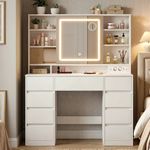 Casa si Gradina - Mobilier - Comode si corpuri - Masute de toaleta - Masa de toaleta Kailyn cu oglinda LED, 9 sertare, MDF, priza incorporata, oglinda zoom detasabila, 110x40x142 cm, alb - Infinity.ro