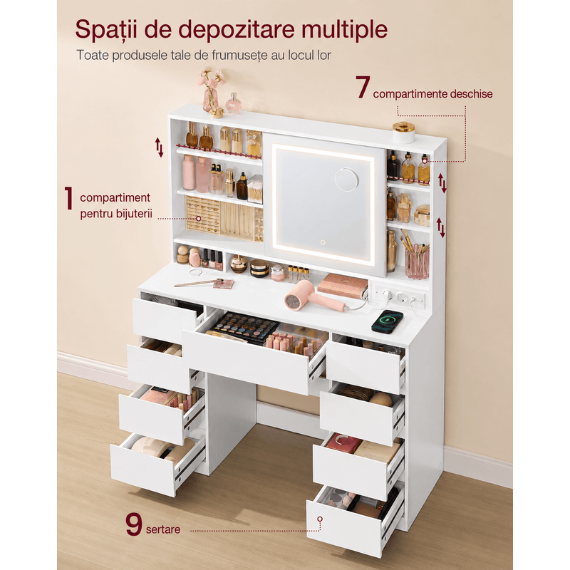 Casa si Gradina - Mobilier - Comode si corpuri - Masute de toaleta - Masa de toaleta Kailyn cu oglinda LED, 9 sertare, MDF, priza incorporata, oglinda zoom detasabila, 110x40x142 cm, alb - Infinity.ro