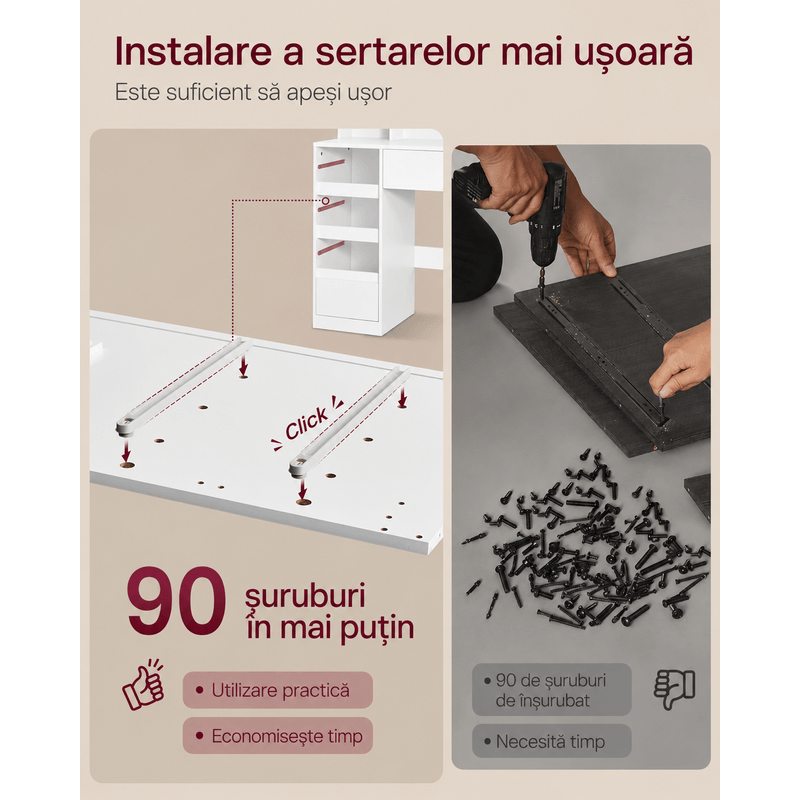 Casa si Gradina - Mobilier - Comode si corpuri - Masute de toaleta - Masa de toaleta Kailyn cu oglinda LED, 9 sertare, MDF, priza incorporata, oglinda zoom detasabila, 110x40x142 cm, alb - Infinity.ro