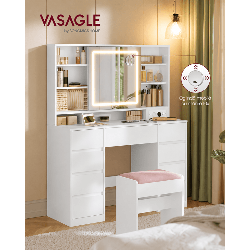 Casa si Gradina - Mobilier - Comode si corpuri - Masute de toaleta - Masa de toaleta Kailyn cu oglinda LED, 9 sertare, MDF, priza incorporata, oglinda zoom detasabila, 110x40x142 cm, alb - Infinity.ro