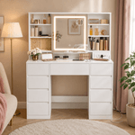 Casa si Gradina - Mobilier - Comode si corpuri - Masute de toaleta - Masa de toaleta Kailyn cu oglinda LED, 9 sertare, MDF, priza incorporata, oglinda zoom detasabila, 110x40x142 cm, alb - Infinity.ro