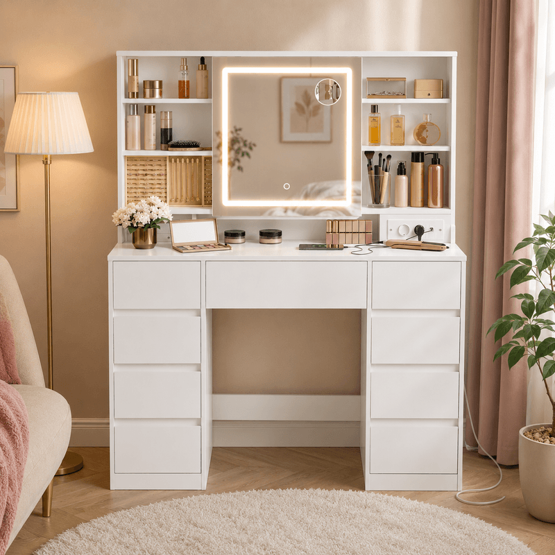 Casa si Gradina - Mobilier - Comode si corpuri - Masute de toaleta - Masa de toaleta Kailyn cu oglinda LED, 9 sertare, MDF, priza incorporata, oglinda zoom detasabila, 110x40x142 cm, alb - Infinity.ro
